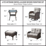 Patio Conversation Set 6-Piece with Glider Loveseat, Swivel Glider Chairs, Side Table, and Ottoman, NDS Series - Belord