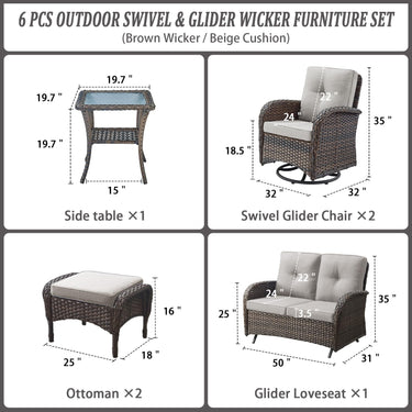 Patio Conversation Set 6-Piece with Glider Loveseat, Swivel Glider Chairs, Side Table, and Ottoman, NDS Series - Belord