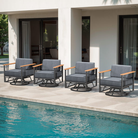 Outdoor Swivel Chair Set of 4 - 6" Thick Cushioned Patio Lounge Chairs, BINGLI - All-Weather Rotating Furniture for Deck & Garden