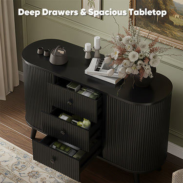 Black 47-inch Belord sideboard buffet cabinet with fluted tambour doors, adjustable shelves, and three drawers for modern kitchen storage.
