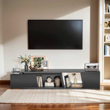 Black Belord extendable TV stand with sliding doors, minimalist rectangular entertainment cabinet for modern living rooms.