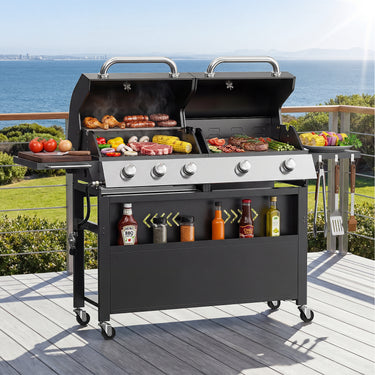 Black Belord 2-in-1 outdoor gas griddle with dual covers, foldable side table, and hooks for camping and backyard barbecues.