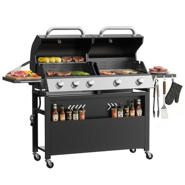 Black Belord 2-in-1 outdoor gas griddle with dual covers, foldable side table, and hooks, ideal for camping and backyard barbecues.