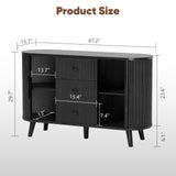 Black 47-inch Belord sideboard buffet cabinet with fluted tambour doors, adjustable shelves, and three drawers for modern kitchen storage.