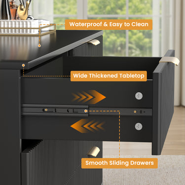 Black 47-inch modern wood dresser with six drawers, fluted boho design, Belord brand, ideal for bedroom storage.