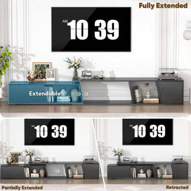Black Belord extendable TV stand with sliding doors, minimalist rectangular entertainment cabinet, perfect for modern living rooms.