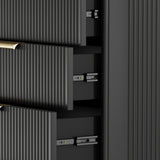 Black 47-inch Belord modern wood dresser with six drawers featuring fluted boho design, ideal for bedroom storage.