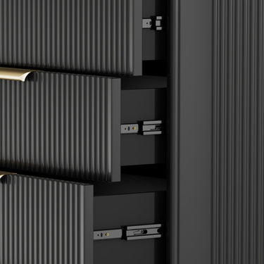 Black 47-inch Belord modern wood dresser with six drawers featuring fluted boho design, ideal for bedroom storage.