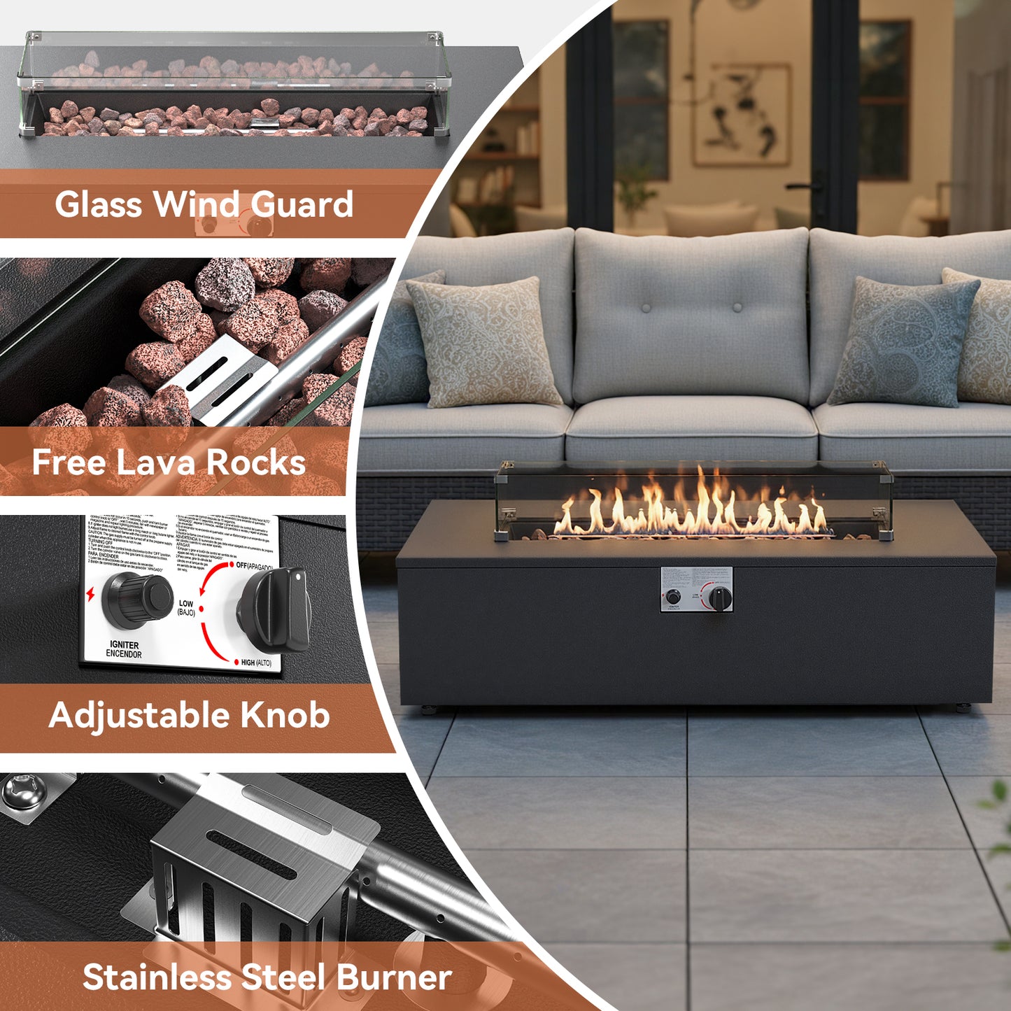 43" Rectangular Propane Outdoor Fire Pit Table, 55,000 BTU Firepit with Tank Storage Table & Waterproof Cover - Belord