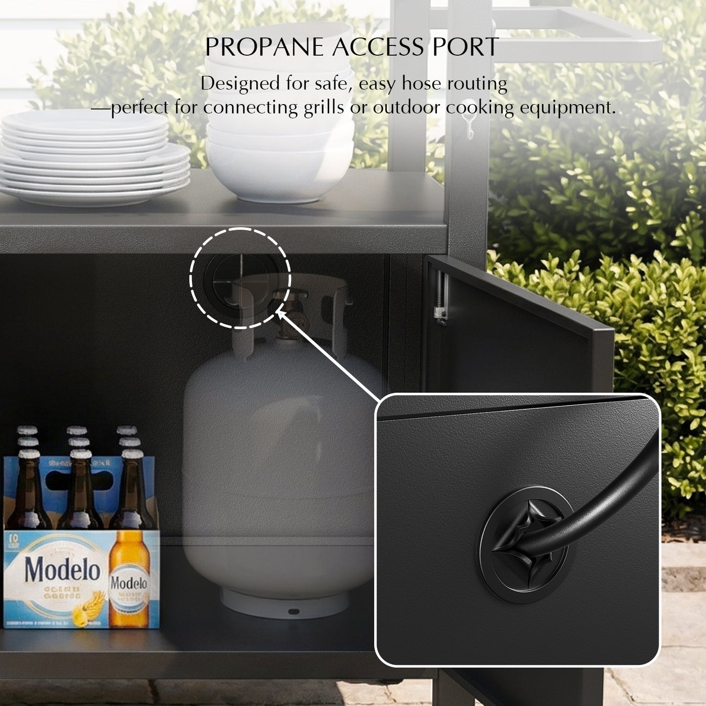 52" Black Outdoor Kitchen Island with Stainless Steel Tabletop, Metal Grill Cart with Storage Cabinet & 4 Lockable Wheels