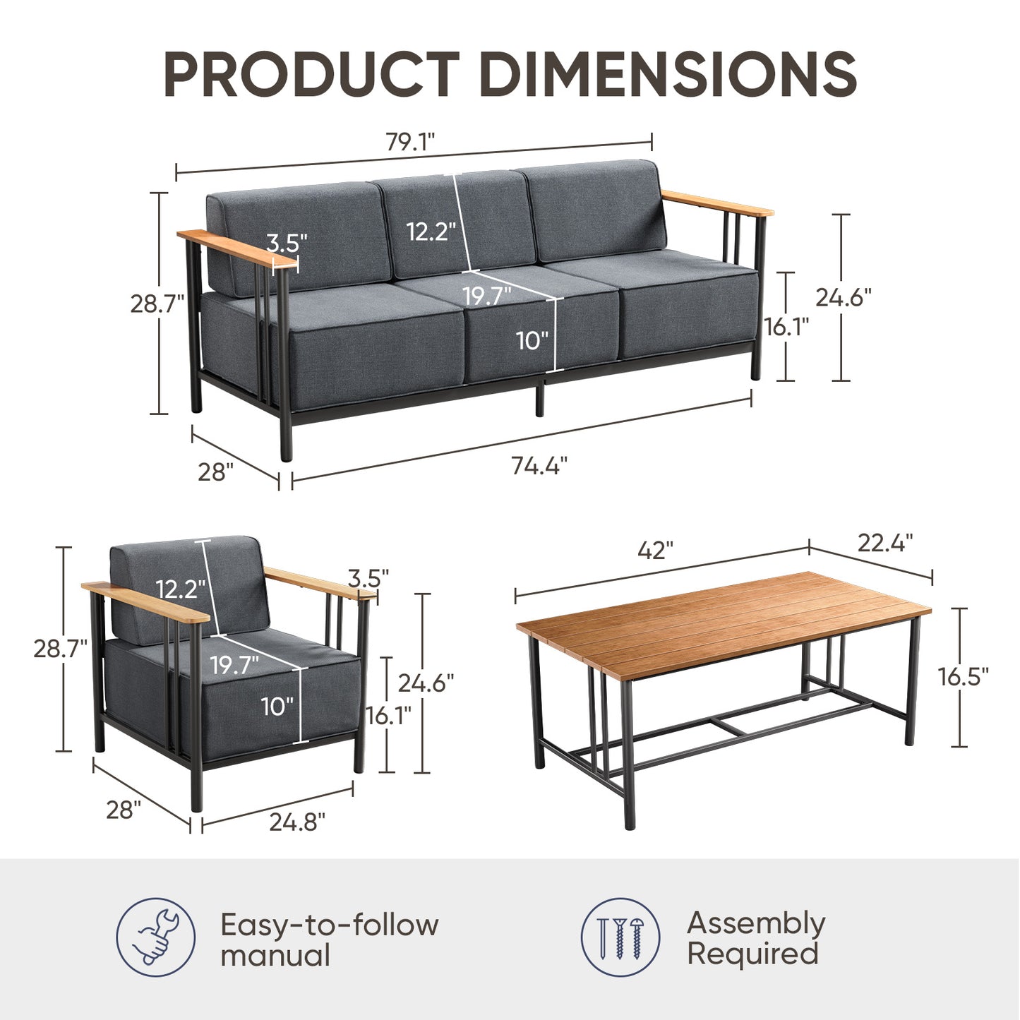 Luxury 4-Piece Patio Set with 10" Thick Cushions - Outdoor Sofa & Patio Chair & Coffee Table, BINGLI
