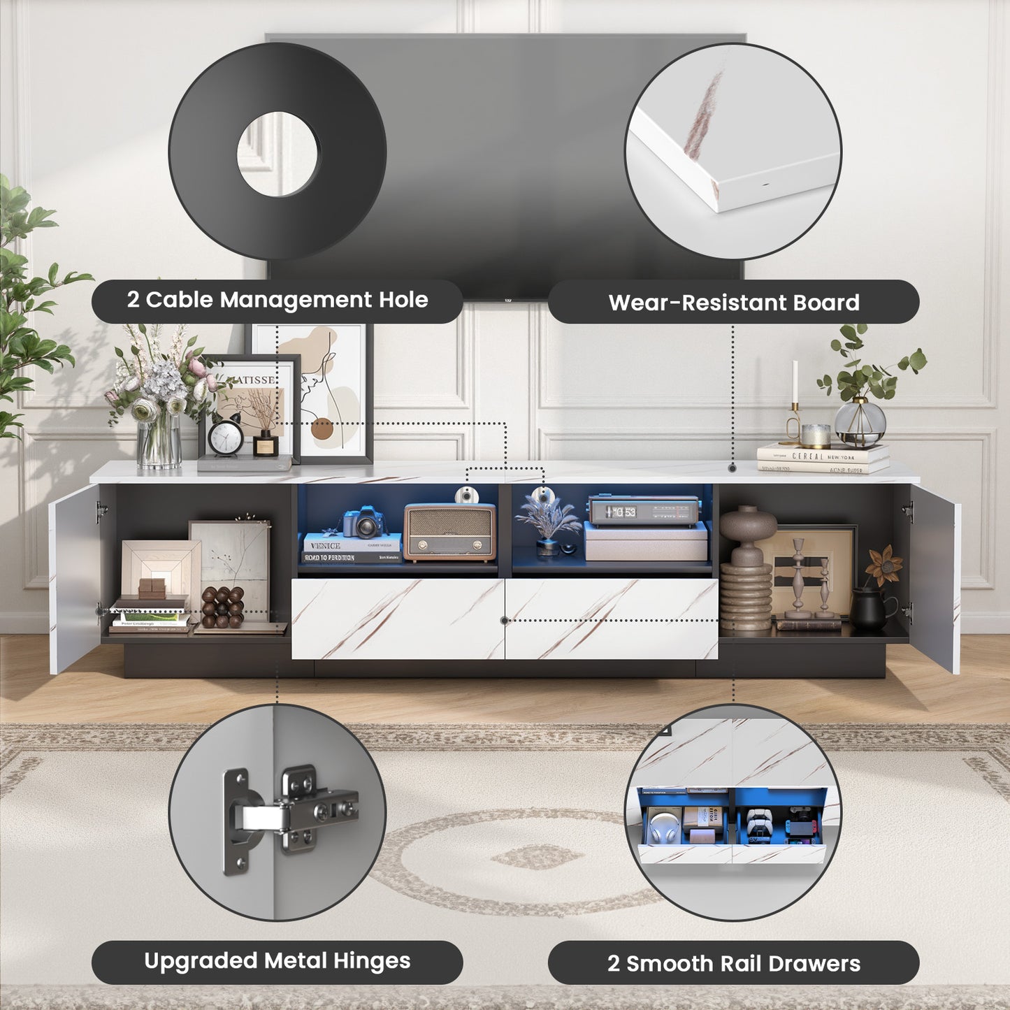 Save 50% - 71" Modern TV Stand | Featuring a Luxe Marble Top, Ambient LED Lighting & Ample Storage