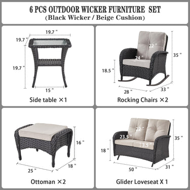 Patio Conversation Set 6-Piece with Glider Loveseat, Rocking Chairs, Side Table, and Ottoman, NDS Series - Belord