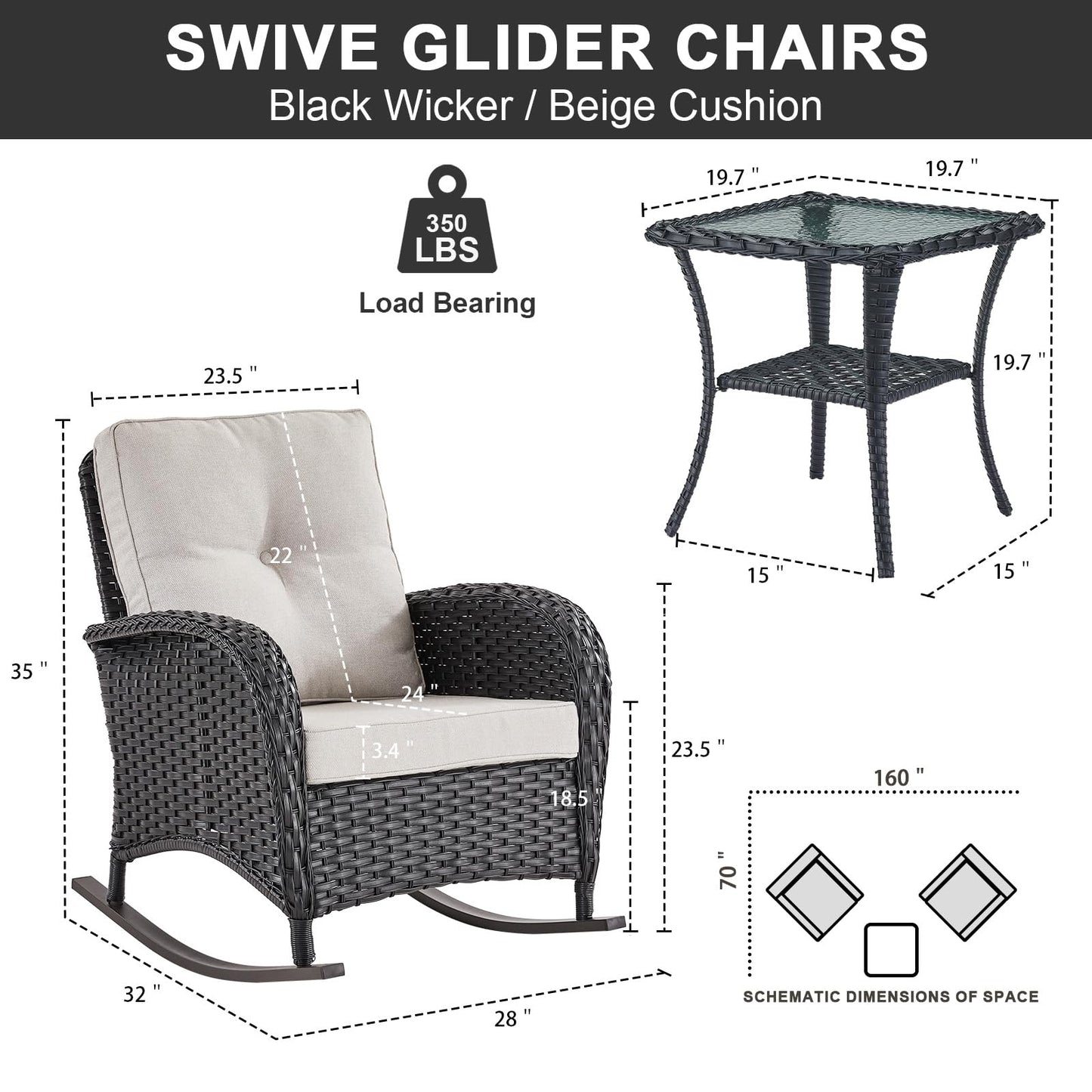 Wicker Rocking Chairs Set with Side Table, NDS Series - B2B Wholesale