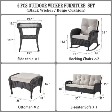Patio Conversation Set 6-Piece with Sofa, Rocking Chairs, Side Table, and Ottoman, NDS Series - Belord