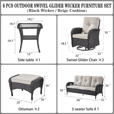 Patio Conversation Set 6-Piece with Sofa, Swivel Glider Chairs, Side Table, and Ottoman, NDS Series - Belord