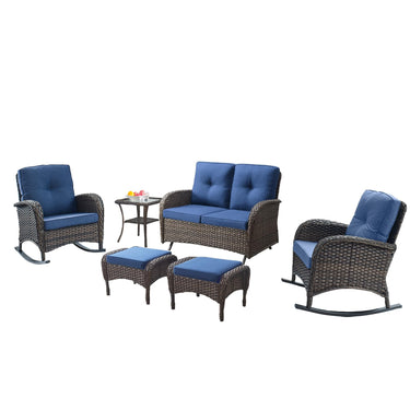Patio Conversation Set 6-Piece with Glider Loveseat, Rocking Chairs, Side Table, and Ottoman, NDS Series - Belord