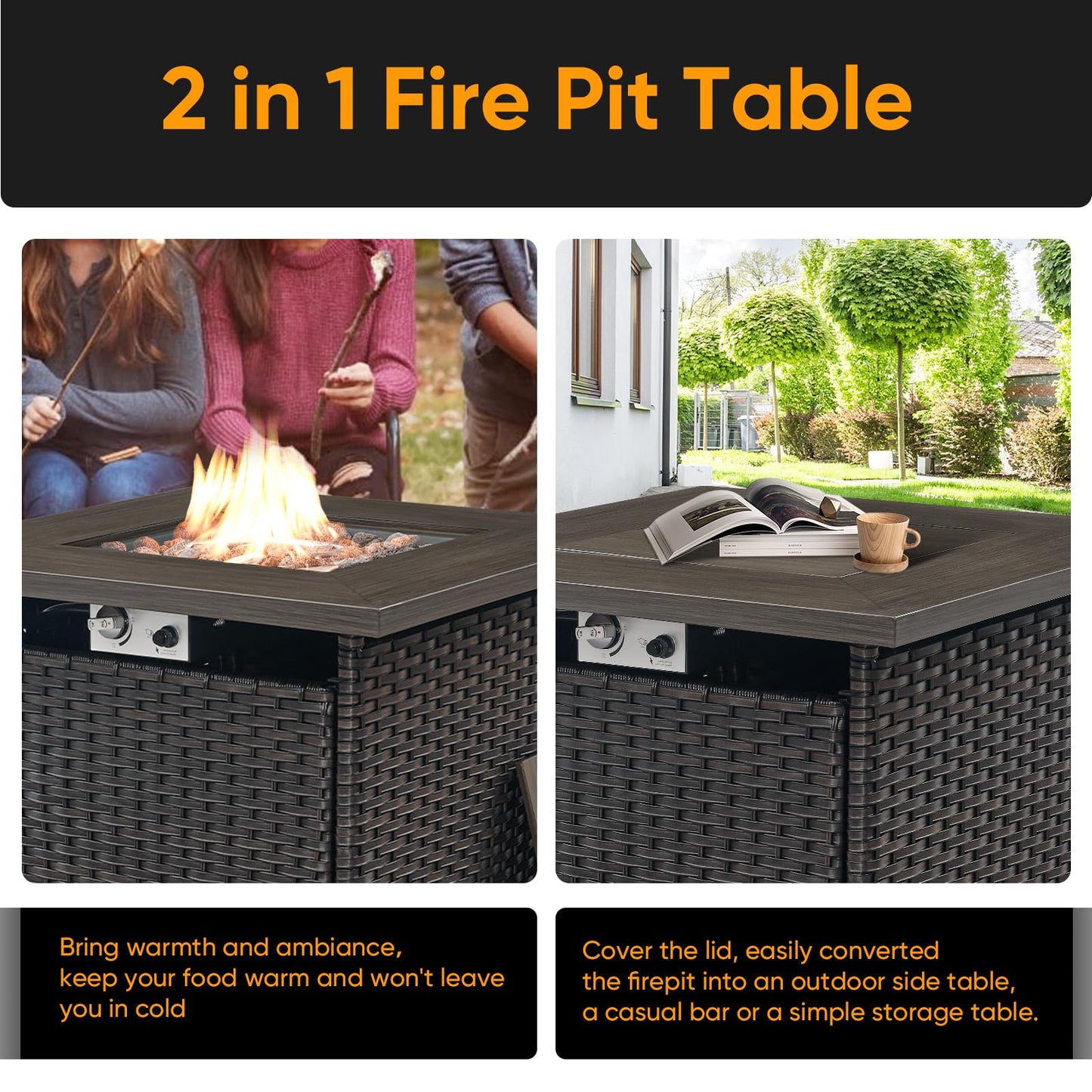 Luxury 7-Piece Outdoor Fire Pit Set - 4 Swivel Glider Chairs with 30" Propane Table & 6" Thick Cushions, Ovolo Series