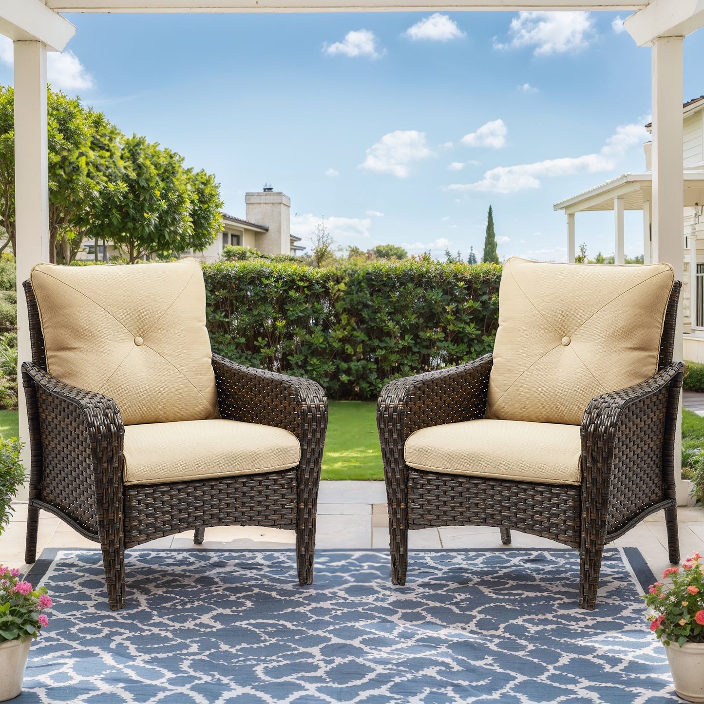 Save 50% - 2-Piece Wicker Patio Chair Set – Deep Seating Rattan Armchairs with Cushions for Porch, Lawn