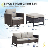 Patio Conversation Set 5-Piece with Sofa, Swivel Glider Chairs, and Ottoman, GRS Series - Belord