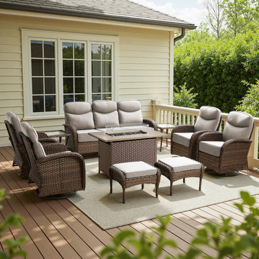 Elegant 10-Piece Rattan Patio Set with Wicker Fire Pit Table – Designed for Cozy Summer Nights, ND Series - Belord