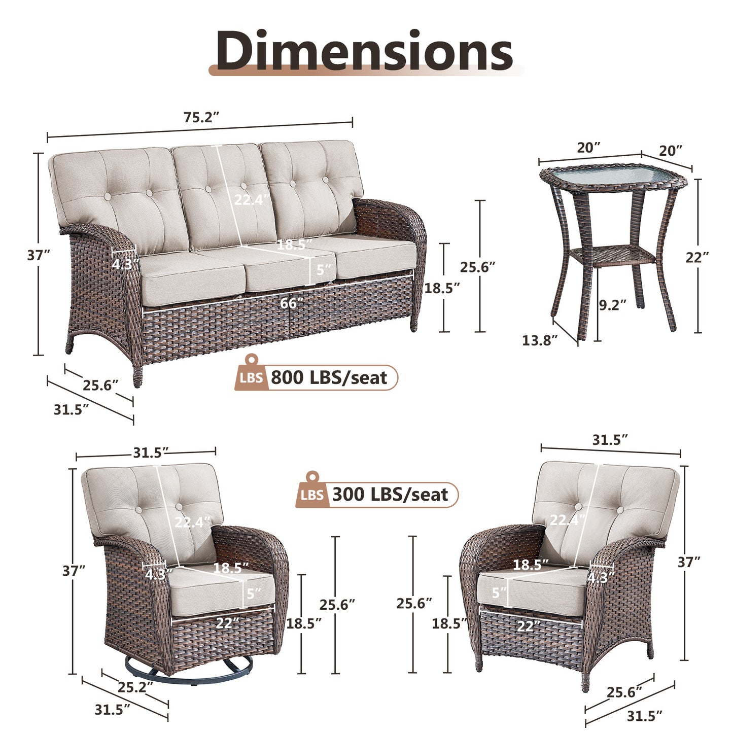 Luxury 6-Piece Patio Conversation Set: 3-Seater Sofa + 2 Swivel Rockers + 2 Patio Chairs + Side Table - All-Weather PE Wicker with 5" Thick Cushions (T Series)