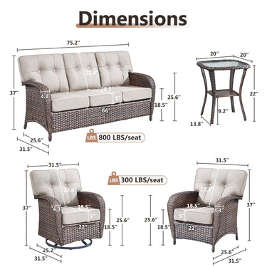 Belord luxury 6-piece patio conversation set with brown wicker, beige cushions, including sofa, swivel rockers, chairs, and side table