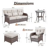 Brown Belord T Series 5-piece patio conversation set with wicker sofa, chairs, ottomans, side table, and beige cushions.