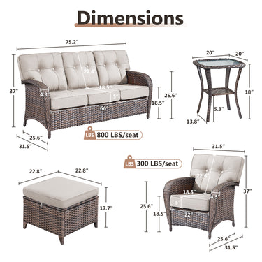 Brown Belord T Series 5-piece patio conversation set with wicker sofa, chairs, ottomans, side table, and beige cushions.