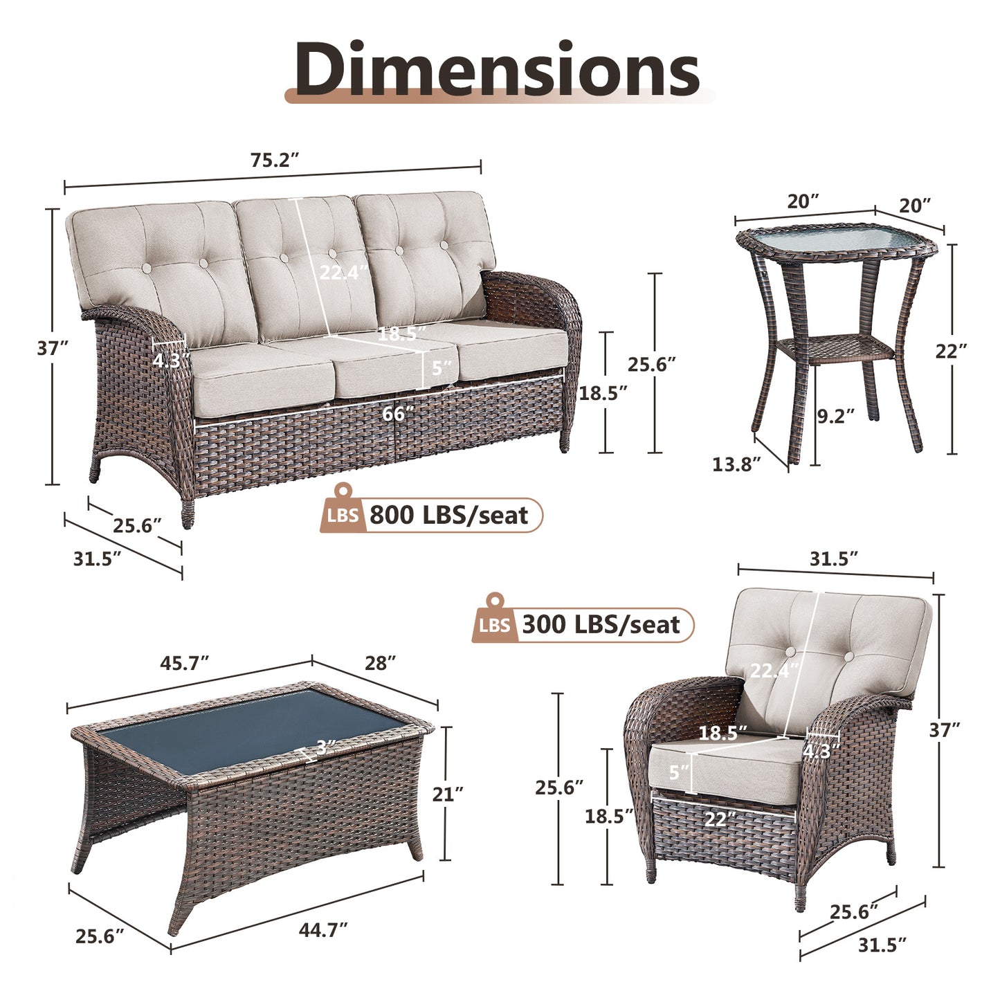 Luxury 5-Piece Patio Conversation Set: 3-Seater Sofa + 2 Patio Chairs + Side Table + Coffee Table – Heavy Duty All-Weather PE Wicker, with 5" Thick Cushions & T-Back Design, T Series