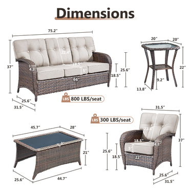 Belord luxury 5-piece patio conversation set with brown wicker, beige cushions, T-back design, includes sofa, chairs, side and coffee tables.