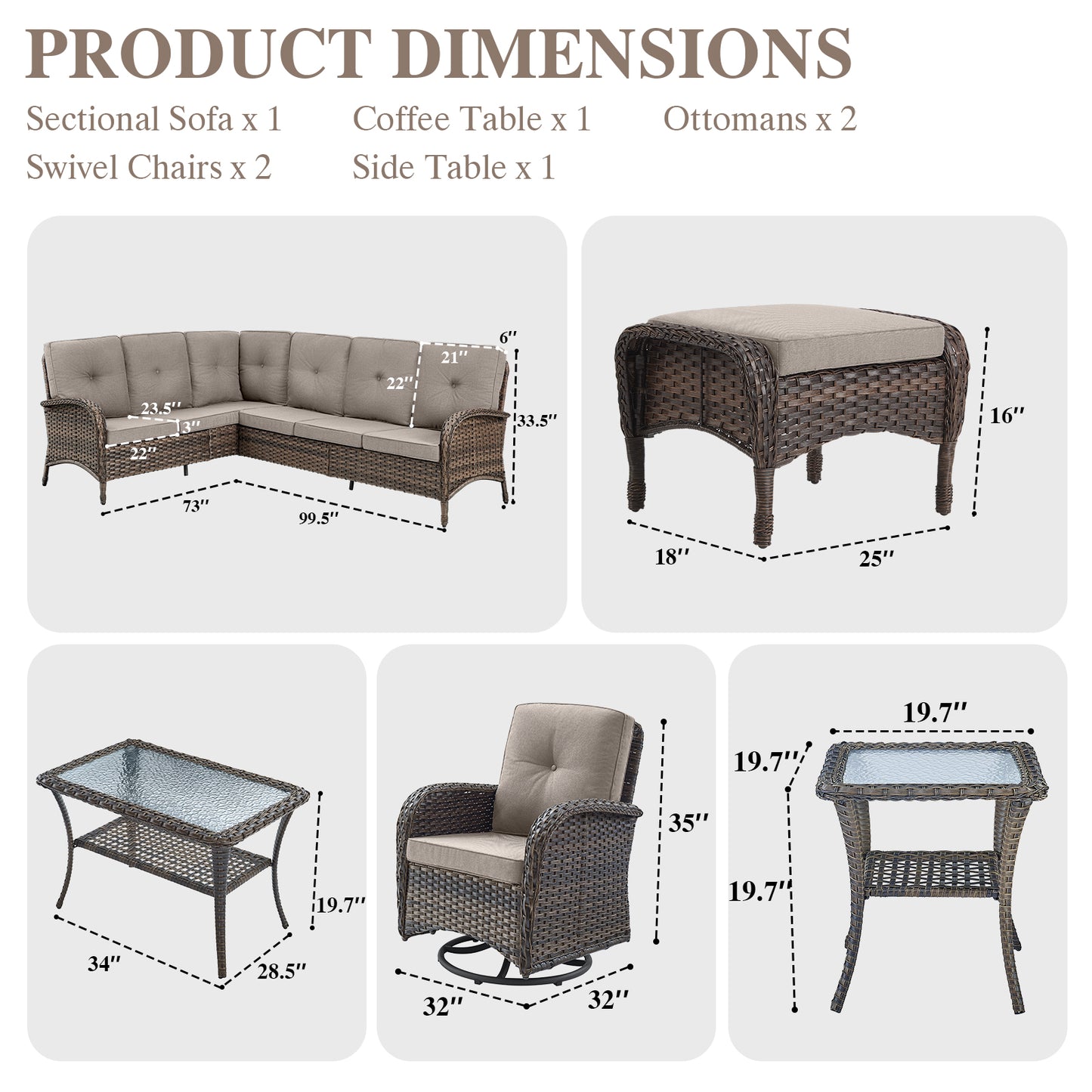 Large Sectional Set 12-Piece with Swivel Glider Chairs, Coffee Table, Side Table, and Ottoman, NDS Series