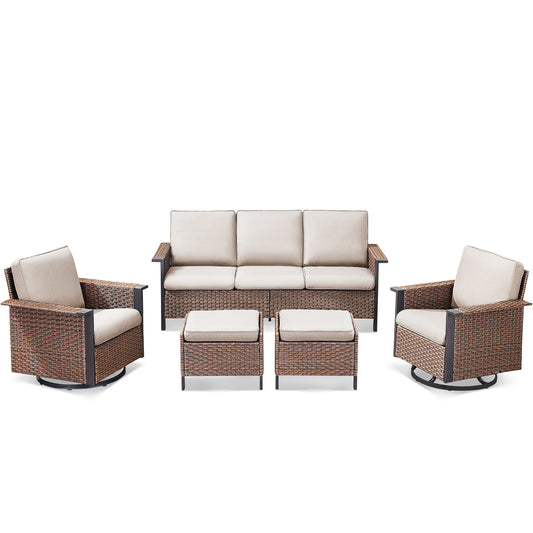Outdoor Furniture Set for Patio & Poolside — 1 PE Wicker Sofa, 2 Swivel Glider Chairs & 2 Ottomans with Cushions, WNG Series
