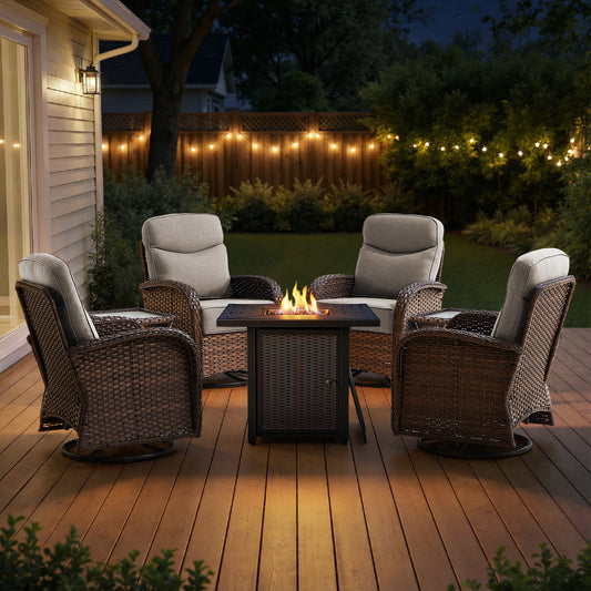 Luxury 7-Piece Outdoor Swivel Chair Set with Square Metal Fire Pit Table – Heavy-Duty Comfort for Deck Living, ND Series - Belord