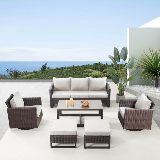 Patio Conversation Set 6-Piece with Sofa, Swivel Glider Chairs, Coffee Table, and Ottoman, GRS Series