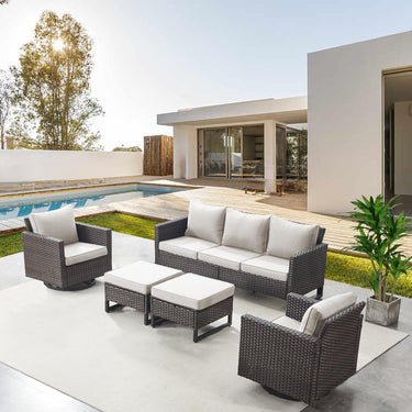Patio Conversation Set 5-Piece with Sofa, Swivel Glider Chairs, and Ottoman, GRS Series - Belord