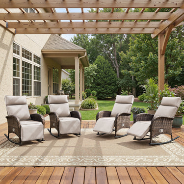 Premium 4-Piece Wicker Rocking Recliner Chair Set with Adjustable Backrest & Footrest, Cushioned PE Rattan Patio Lounge Chairs, NDS Series - Belord