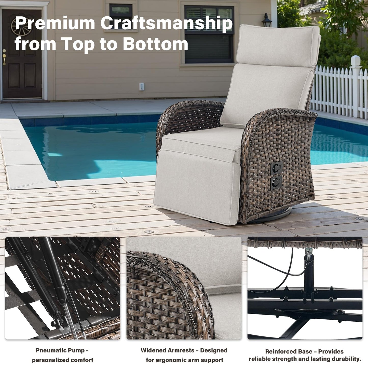 Luxury 3-Piece Adjustable Swivel Set - 360° Rotating PE Wicker Recliners with Side Tables, NDS Series