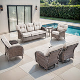 Belord luxury 6-piece patio conversation set with brown all-weather wicker, beige cushions, including sofa, swivel rockers, chairs, and side table