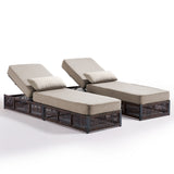 Set of 2 Belord luxury patio chaise lounges with brown wicker frames, beige cushions, reclining backs, ideal for poolside relaxing.