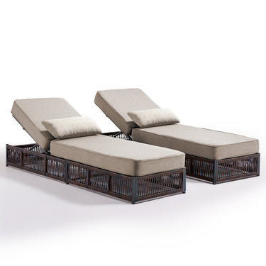 Set of 2 Belord luxury patio chaise lounges with brown wicker frames, beige cushions, reclining backs, ideal for poolside relaxing.