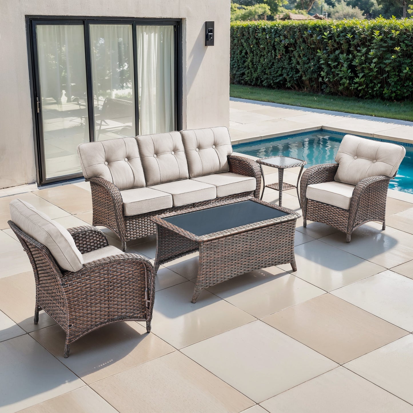 Luxury 5-Piece Patio Conversation Set: 3-Seater Sofa + 2 Patio Chairs + Side Table + Coffee Table – Heavy Duty All-Weather PE Wicker, with 5" Thick Cushions & T-Back Design, T Series