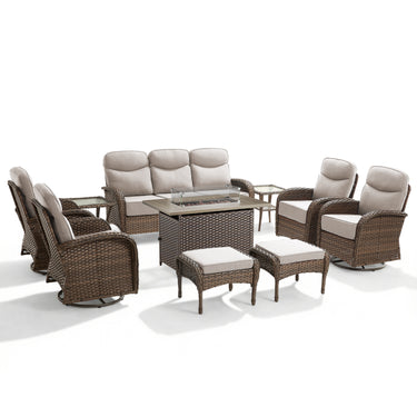 Elegant 10-Piece Rattan Patio Set with Wicker Fire Pit Table – Designed for Cozy Summer Nights, ND Series - Belord