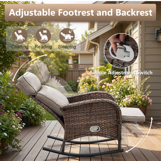 Premium 4-Piece Wicker Rocking Recliner Chair Set with Adjustable Backrest & Footrest, Cushioned PE Rattan Patio Lounge Chairs, NDS Series