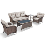 Belord 5-piece patio conversation set with brown wicker, beige cushions, including sofa, chairs, side and coffee tables.