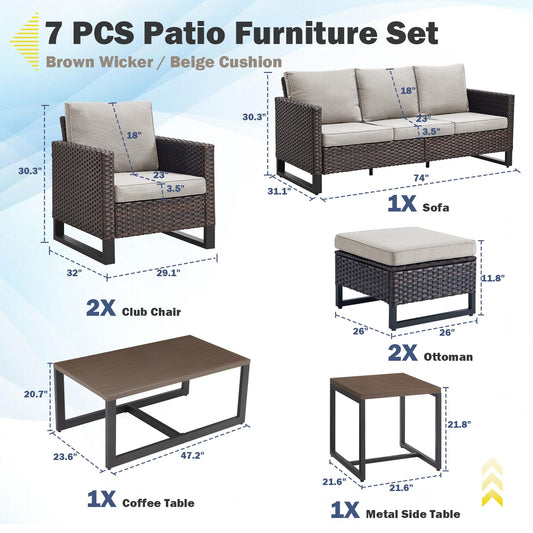 Patio Conversation Set 7-Piece with Sofa, Patio Chairs, Coffee Table, Side Table, and Ottoman, GRS Series