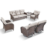 Brown all-weather PE wicker patio conversation set with beige cushions, includes 3-seater sofa, swivel rockers, patio chairs, and side table.