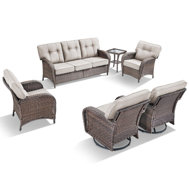 Brown all-weather PE wicker patio conversation set with beige cushions, includes 3-seater sofa, swivel rockers, patio chairs, and side table.