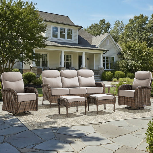Premium 6-Piece Patio Lounge Set – Sofa, Swivel Rockers & Ottomans with Deep Cushions for Deck Relaxation, ND Series - Belord