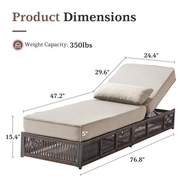Set of 2 Belord luxury patio chaise lounges with brown wicker frames, beige cushions, reclining backs, ideal for poolside relaxation.